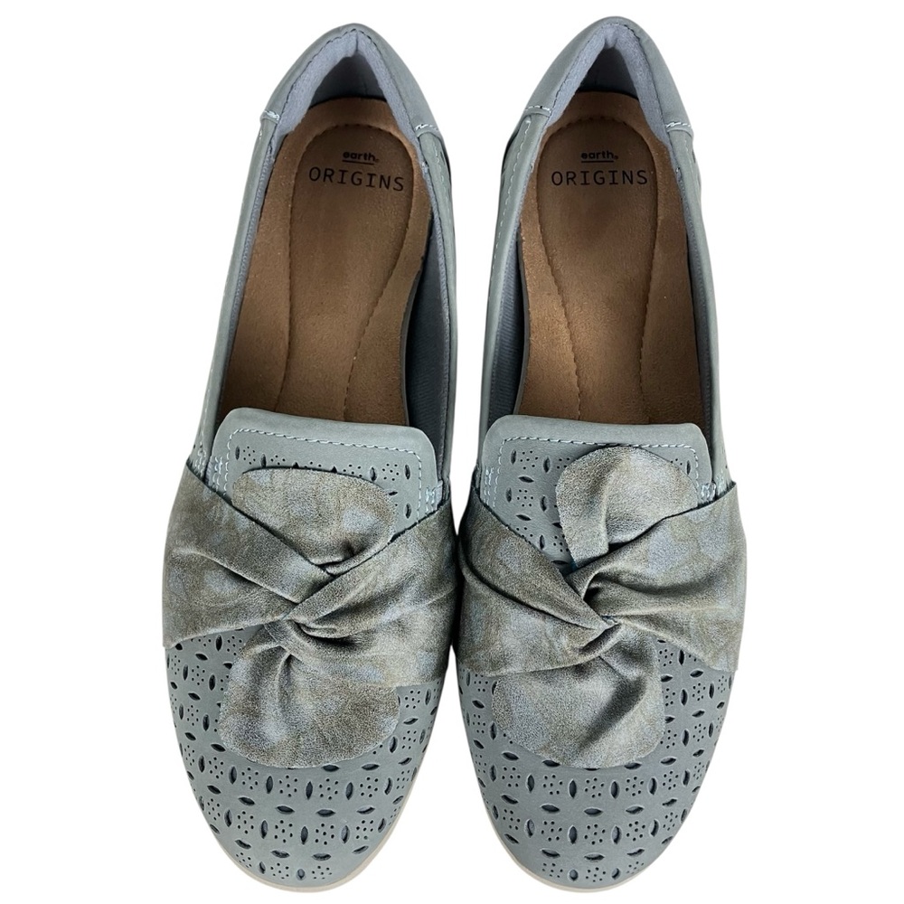 Earth Origins Finley Steel Blue Leather Slip On Flats Perforated Bow Comfort 11M